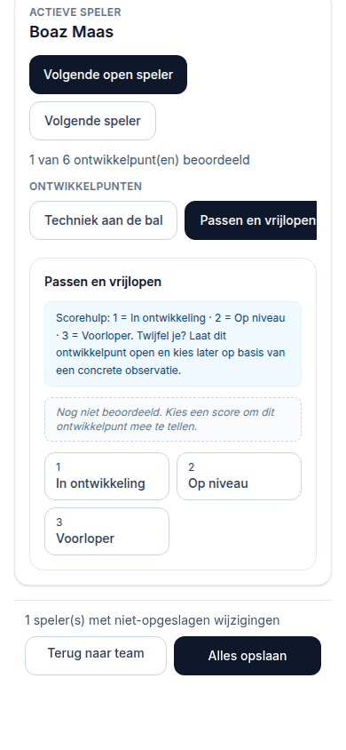 Schermopname van Snel observeren op de telefoon, met demogegevens van VV Rivierdal